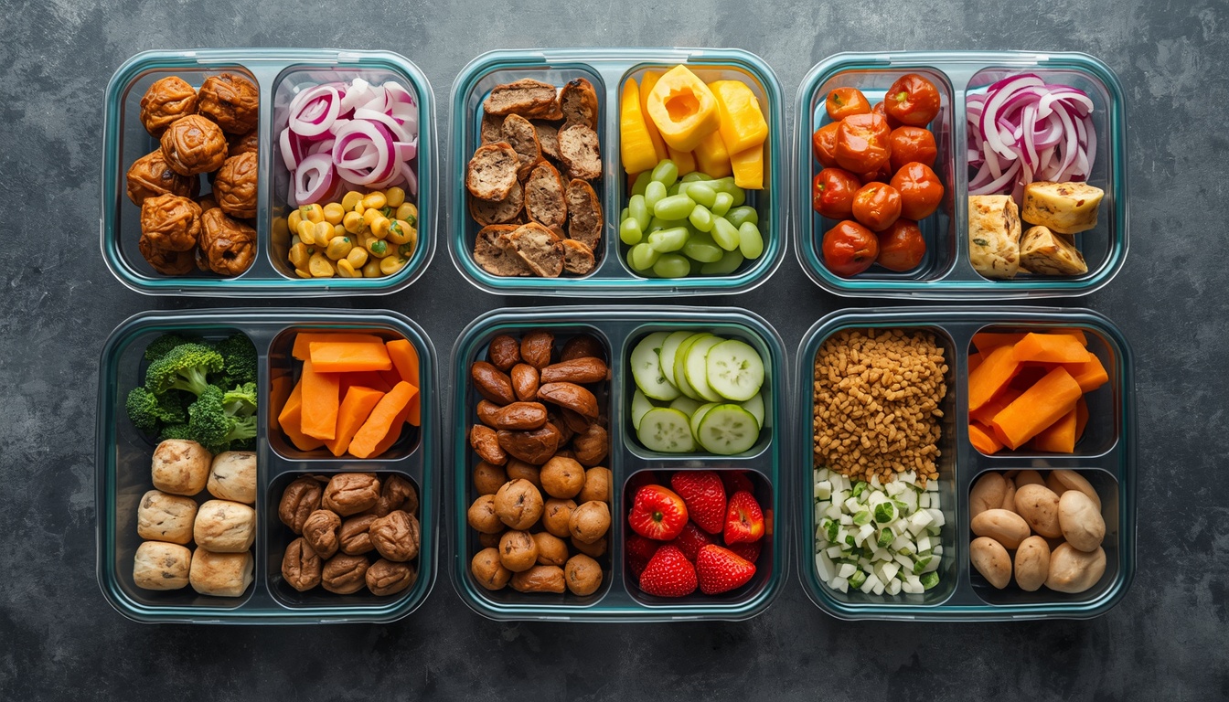 Organized meal containers showing varied balanced portions